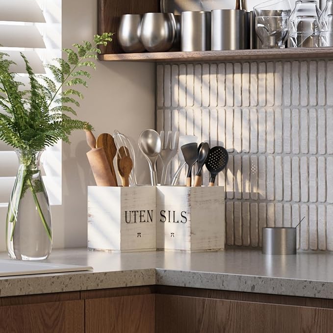 Suli Extra Large Kitchen Utensils Holder with 3 Compartments,Corner Shelf,Wooden Utensil Organizer for Kitchen Countertop, Farmhouse Decor, Rustic Cooking Utensil - White grain