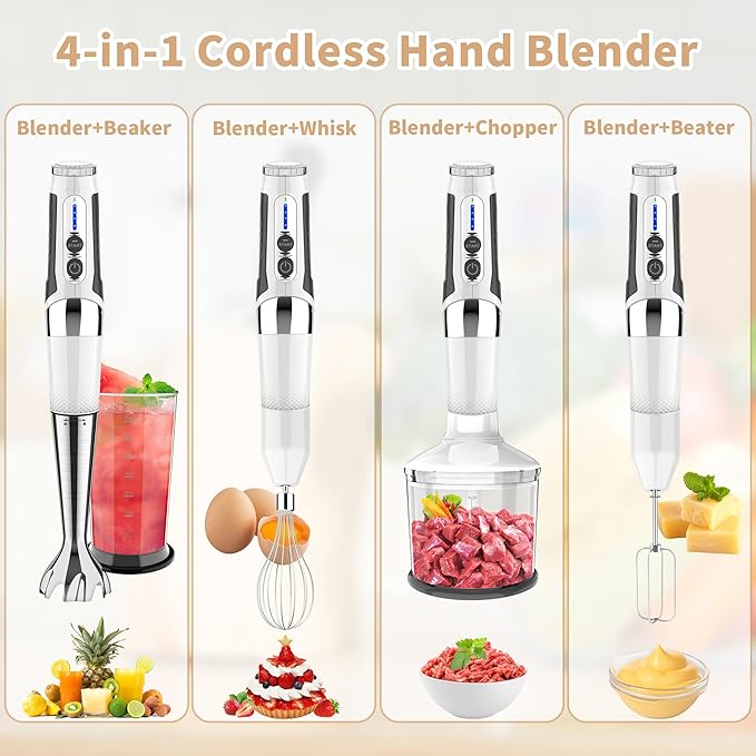 Toogel Cordless Immersion Blender, 4-in-1 Electric Hand Blender with 21-Speed & 3-Angle Adjust, USB Rechargeable, BPA-Free & Dishwasher Safe for Baby Food, Smoothies, Soup (White)