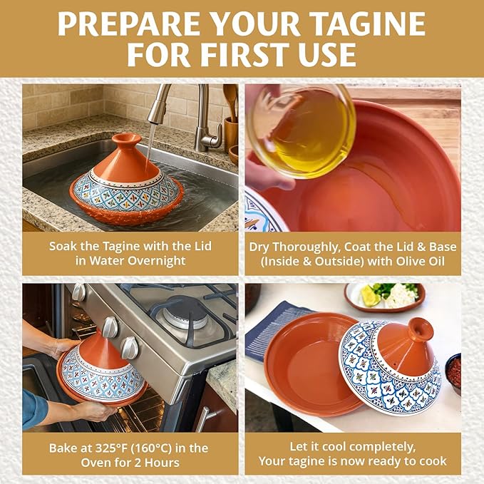 Kamsah Tagine Pot for Cooking and Flavor Enrichment - Large Clay Pot 12”, 5.5 QT - Non-Stick Handmade Cookware - Moroccan Ceramic Pots for Cooking with Lid & Serving Bowl - Bohemian Classic Turquoise