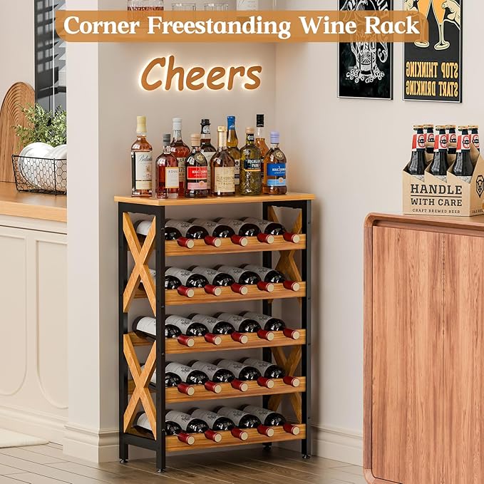 25 Bottle Wine Rack Freestanding Floor Rustic Wine Holder Stand 5 Tier Wobble-Free Tall Wine Racks Wine Large Display Storage Shelf for Cellar Kitchen 21.6''L x 10.6''W x 31.8''H