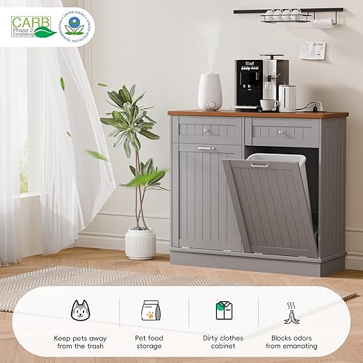 Betterhood Double Tilt Out Trash Cabinet with Power Outlet, 10 Gallon Trash Cabinet with Storage,Pet Proof Trash Can with 2 AC & USB Sockets for Kitchen,Living Room (Grey, Double Door)