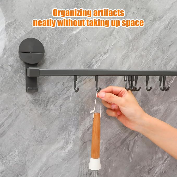 BESTOYARD Punchless Kitchen Utensil Hooks Wall Mount Rack with 10 Hooks, Adjustable Double Rod Organizer, Gray Suction Cup Holder for Cooking Tools and Measuring Cups