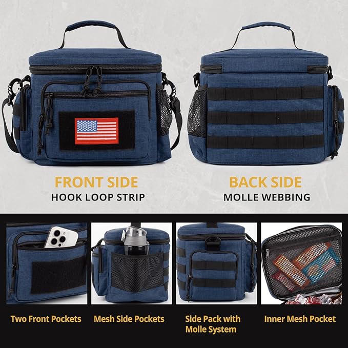 Lunch Box for Men, Tactical Lunch Bag MOLLE Webbing Leakproof Insulated Lunch Cooler Women Adult Meal with Adjustable Shoulder Strap Lunch Pail (Blue)