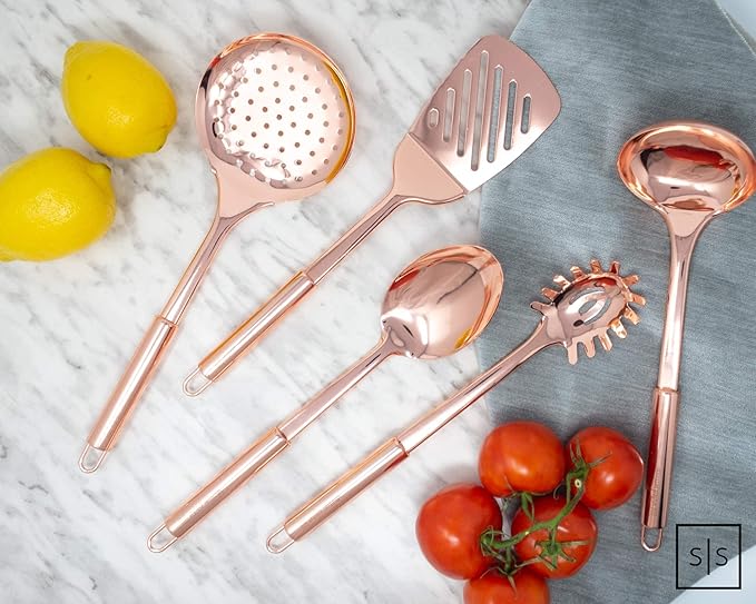 Copper Cooking Utensils Set – 5-Piece Rose Gold Stainless Steel Kitchen Tools for Cooking and Serving Includes Ladle, Spoon, Pasta Fork, Spatula, and Skimmer – Stylish Copper Kitchen Accessories