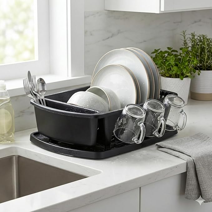 Tribello Sink Dish Drying Rack, Heavy Duty Hard Plastic Drying Rack, Dish Drainer for Kitchen Counter with Drainboard Set, with Silverware Holder - 18 x 13 x 6 (Black) - Made in USA