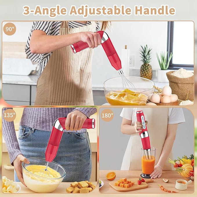 Toogel Cordless Immersion Blender, 4-in-1 Electric Hand Blender with 21-Speed & 3-Angle Adjust, USB Rechargeable, BPA-Free & Dishwasher Safe for Baby Food, Smoothies, Soup (Red)
