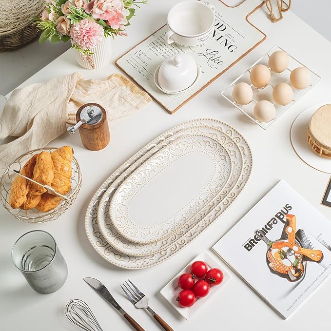 Serving Platters Set, 14"/12"/10" Oval Ceramic Serving Plates, Embossed Serving Trays for Party, Oven Dishwasher Safe, Vintage White Serving Dishes for Entertaining, Appetizers, Pasta, Sushi