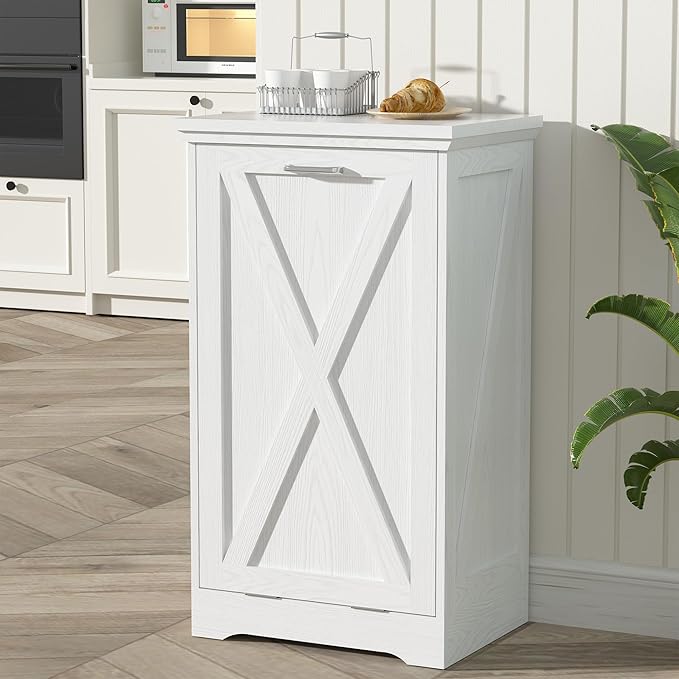 TOLEAD 13 Gallon Tilt Out Trash Can Cabinet, Kitchen Trash Cabinet Hidden Trash Can with Deodorizing & Negative Ion Pet Proof for Kitchen,Dining Room, Living Room,White
