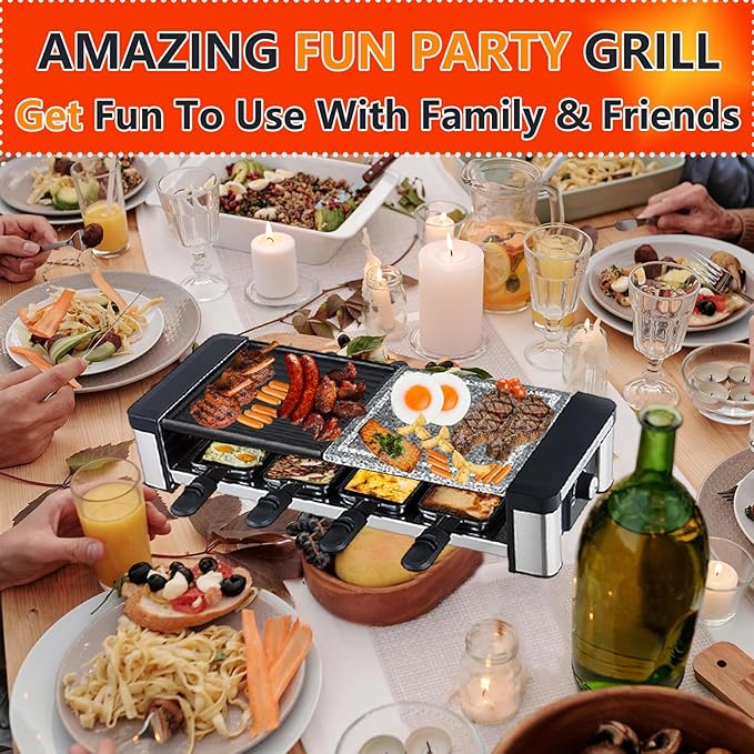 GIVENEU Raclette Grill 8 Person, 1200W Electric Indoor Table Grill with Natural Stone & Reversible Non-Stick Plate, 3-in-1 Korean BBQ Cheese Melter for Winter Family Parties & Holiday Gatherings