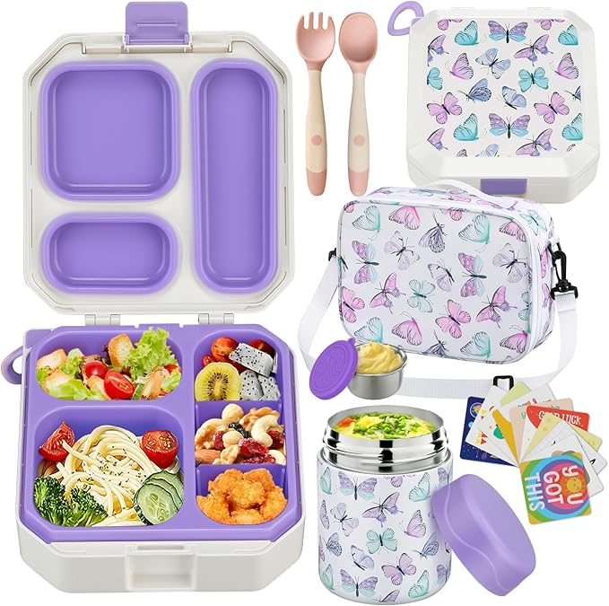 wiwens Bento Lunch Box for Kids with 12oz Soup Thermo Leak-Proof Lunch Food Container with 5 Compartment Thermo Hot Food Jar and Insulated Lunch Bag for Kid Toddler Girls Boys to School