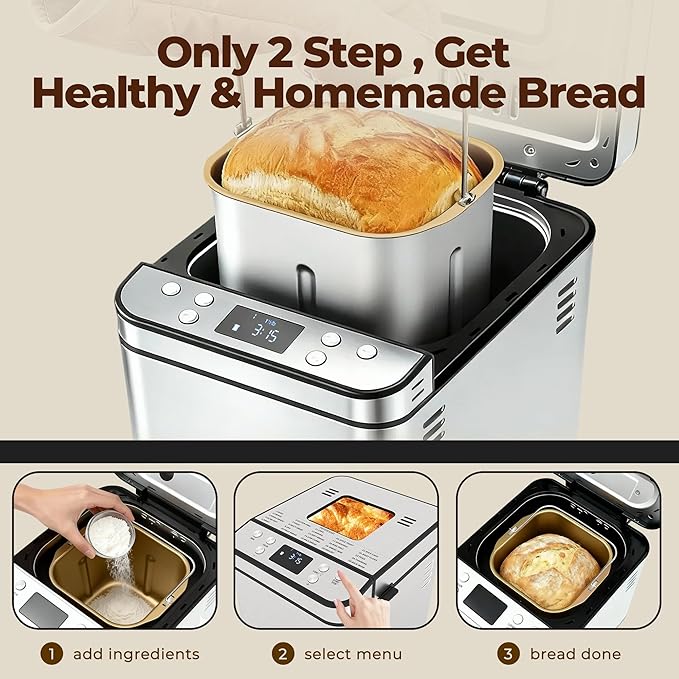 Rosewill 25-in-1 Automatic Bread Maker Machine with 3 Loaf Size up to 2 Lb, 700W High Power Dual Heater Bread Maker with BPA-free Nonstick Coating Pan, Max 15 Hours Delay Timer, Low Noise - Silver