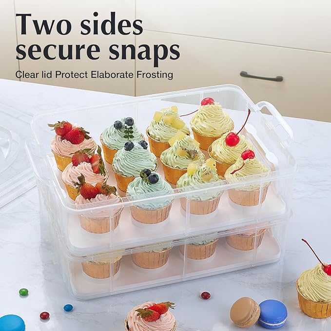 Gencywe Plastic Cupcake Carrier 24 Count, 2-Layer Cupcake Holder Carries with Lid & Handles, Cookie, Cake, Cupcake and Brownie Storage Carrier, Reusable Cupcake Box