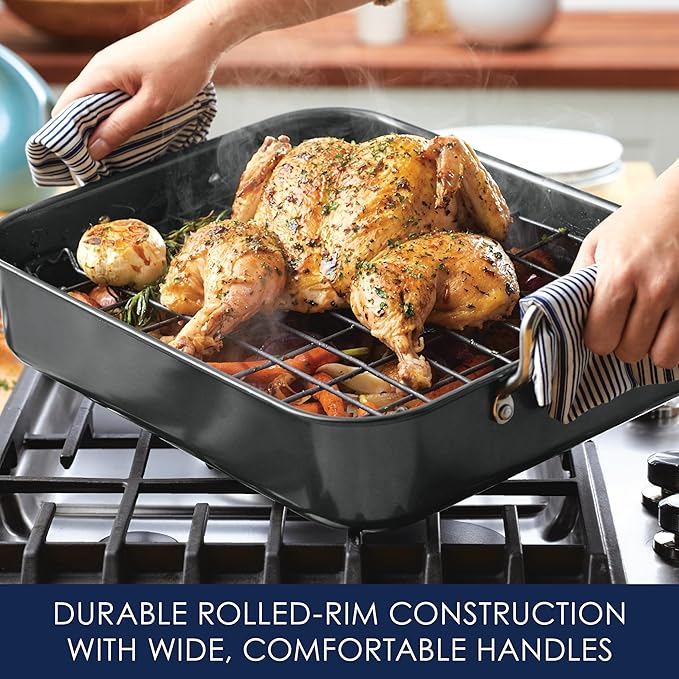 Rachael Ray Bakeware Nonstick Roaster/Roasting Pan with Reversible Rack, 16.5 Inch x 13.5 Inch, Gray