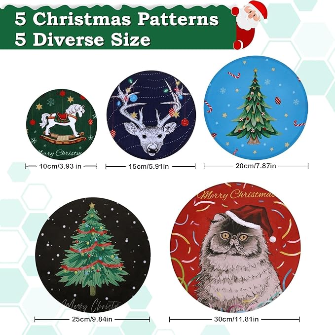 5-Size Reusable Beeswax Bowl Covers for Bread Proofing, Cotton Cloth Flexible Beeswax Wraps for Food Storage (Santa Kitty)