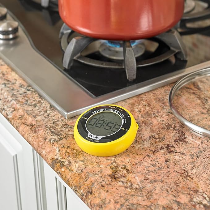 Polder Digital Egg and Pasta Timer with Preset Times and Built-in Clock, Yellow
