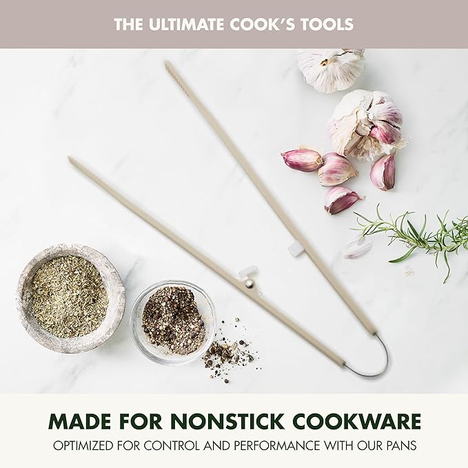 GreenPan Silicone Tong, Cooking Grilling Serving, Salad, Kitchen Utensil, Flexible Rubber Nonstick Cookware, Rigid Steel Core, Heat-Resistant, Anti-Slip Handle, BPA-Free, Dishwasher Safe, Taupe