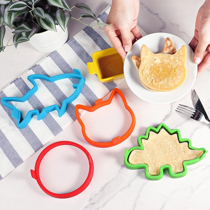 Kamehame Silicone Pancake Molds for Shark, Round, Cat, Dinosaur Shape Pancakes, 4 Pack Nonstick Pancake Shaper for kids, Fun Shapes Cake Ring Mold for Griddle Cooking