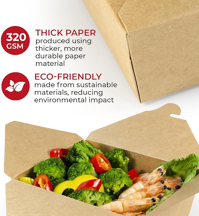 Chinese Takeout Storage Containers (60 Pack) 45oz - Kraft Brown Cardboard Paper Togo - Take Out Boxes -Biodegradable Eco To Go Food For Restaurants Catering Party