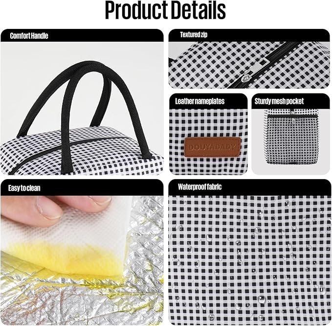 douyadady Lunch Bag Women/Men Lunch Box Women/Men (Black+White Grid)