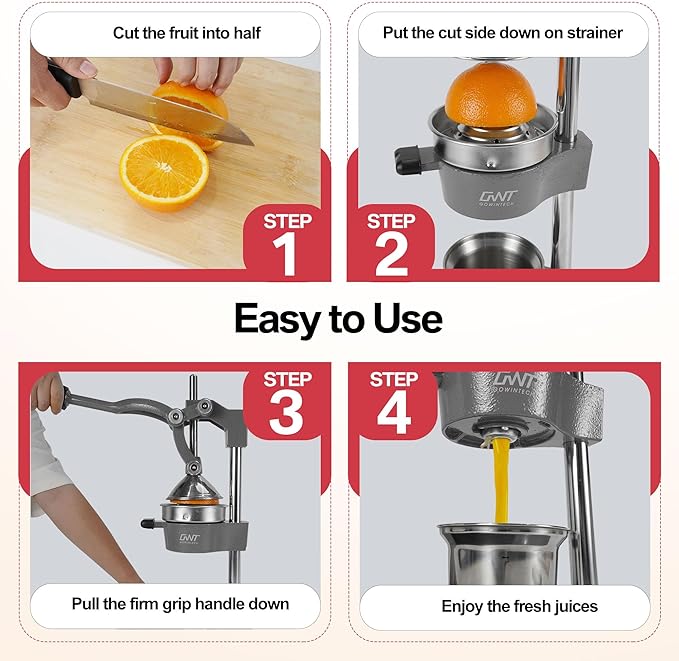 18 Inch Height Commercial Heavy Duty Cast Iron Hand Press Manual Orange Citrus Lemon Lime Grapefruit Pomegranate Fruit Juice Squeezer Machine with Stainless Steel Cup and Durable Base Grey