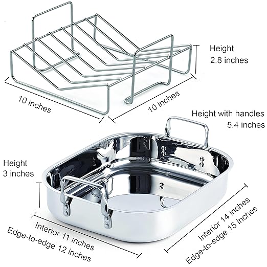 Cooks Standard Stainless Steel Roaster Pan with V-Shaped Rack, Inner 14-Inch x 11-Inch; Edge 15-Inch x 12-Inch; Turkey Roasting Pan Bakeware for Oven, Rectangular