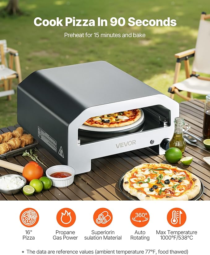 VEVOR 16 in Outdoor Pizza Oven, Auto Rotating Propane Gas Pizza Ovens, Portable Pizza-Cooker with Electric Rotate Pizza-Stone, Carry Bag, Propane Pizza Maker For Outside Backyard Patio Camping, Black