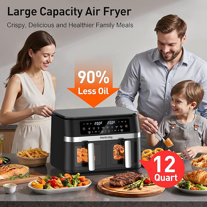 12QT Large Double Basket Air Fryer with 50PCS Paper Liners and Viewing Window, 12-in-1 Digital Touchscreen Dual Zone Air Fryers for Easy Meal, SyncCook to Roast,Reheat,Broil, Dishwasher Safe