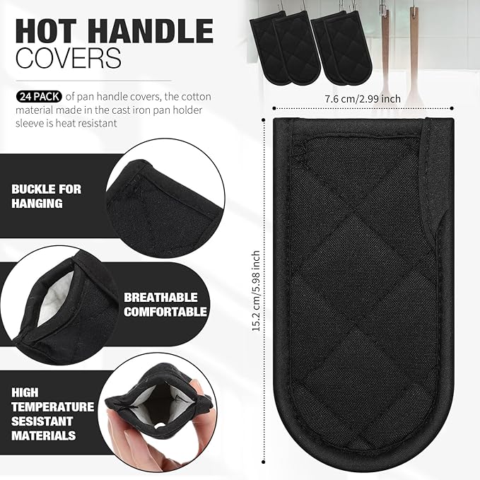 Dandat 24 Set Hot Handle Covers for Daily Replace Use Gift Pan Handle Sleeve Covers Heat Resistant Cast Iron Holder Sleeve Washable Handgrip Mitts for Christmas Kitchen Gifts Craft (Black)