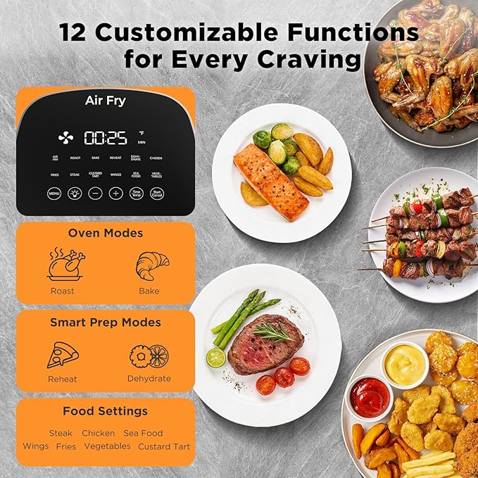 Fullwill 6QT Air Fryer with Viewing Window,12-in-1 Multi-Function Air Fry,Roast,Bake, Dehydrate, Fries,Nonstick and Dishwasher-Safe Basket,Family&friends Party,Max 400℉ Crisping 1700W,Gray