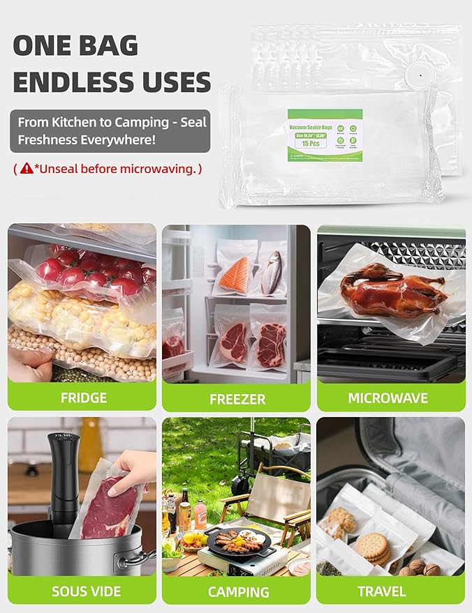 Vacuum Sealer Bags, Reusable Vacuum Zipper Bag, BPA Free Heavy Duty Vacuum Storage Bag for Food 15 Bags (15 Large Bags (10.24x13.39 in))