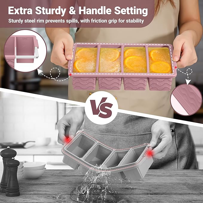 Silicone Freezer Molds for Soup with Lid, 1-Cup & 2-Cup Large Ice Cube Trays Food Storage Containers for Meal Prep, Freeze 500mL/250mL/125mL Portions – 2 Pack