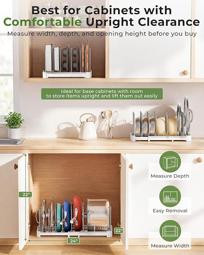EVERIE Adjustable Bakeware Organizer Pot Lid Holder Rack for Pots, Cake Molds, Cutting Boards, Mats, Cookware, GS02SS, Pack of 2