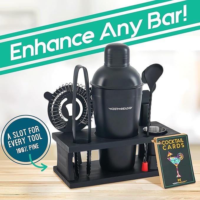 Modern Mixology Cocktail Shaker Set - Bartender Kit with Pine Stand | Leak-Proof Design | Includes Martini Shaker, Jigger, Strainer, Spoon, Tongs | Perfect Bar Tools Gift for Home Mixology (Black)