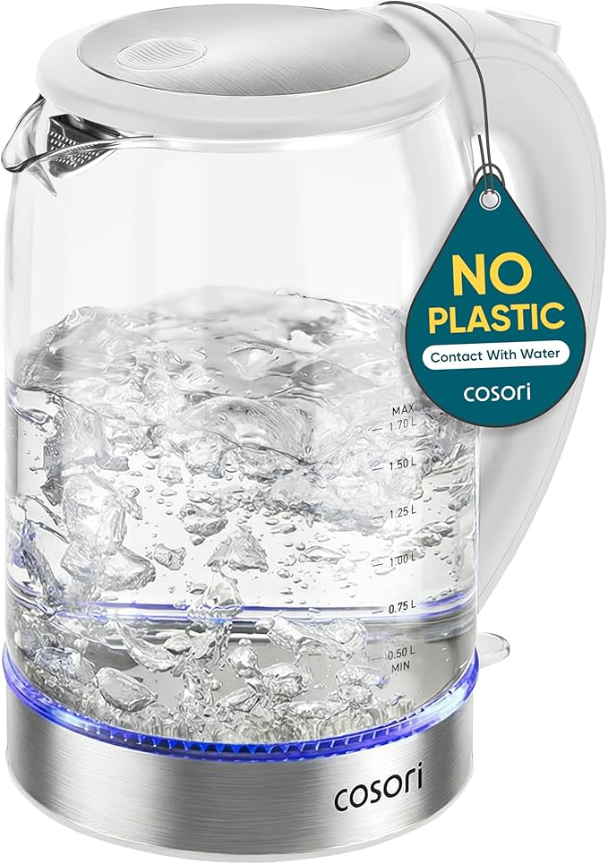Cosori Electric Kettle, No Plastic Contact With Water, Wide Mouth For Easy Cleaning, Auto Shut Off, 1.7L Tea Kettle & Hot Water Boiler, Water Heater & Teapot, Borosilicate Glass, White, 1500W