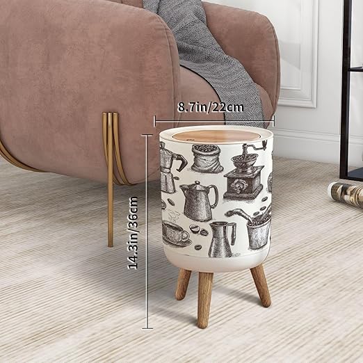 Trash Can with Lid Vintage Coffee Brewing Utensils Hand Drawn Style Press Top Round Small Garbage Bin with Wooden Legs Waste Basket for Kitchen Bedroom Nursery 7L/1.8 Gallon