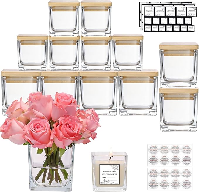 CONNOO 12 Pack 9oz, 3oz Clear Square Candle Jars for Making Candles, Thick Glass Bulk Empty Candle Containers with Airtight Bamboo Lids for Candle Making, Sticky Warning Labels - Dishwasher Safe