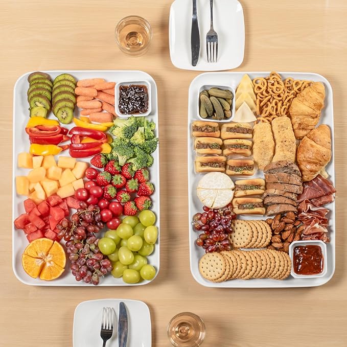 DELLING 18 Inch Large Serving Platter Set of 2, White Porcelain Serving Trays 18" x 12.3", Rectangular Platters for Turkey Fruit Appetizer Party, Oven Microwave Dishwasher Safe, Wedding Entertaining