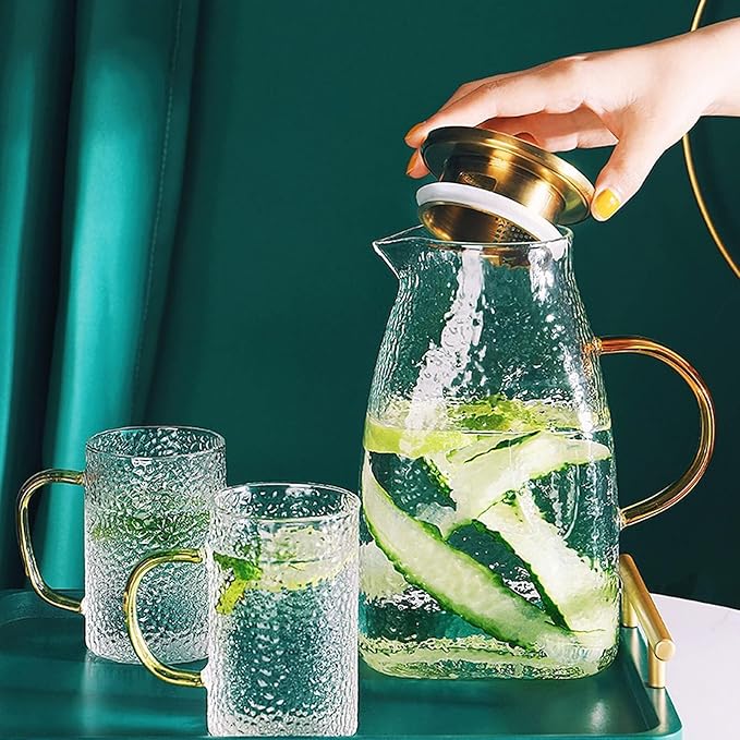 Borosilicate Glass Water Pitcher, Stainless Steel Filter Lid, Iced Tea, Juice, Coffee, And Beverage Jug For Home & Restaurant