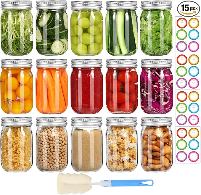 Glass Mason Jars 16 oz with Airtight Lids and Bands - 15 Pack Regular Mouth Pint Canning Jars for Pickling, Meal Prep, Overnight Oats, Dry Food & DIY Crafts - Includes 24 Stickers & Brush