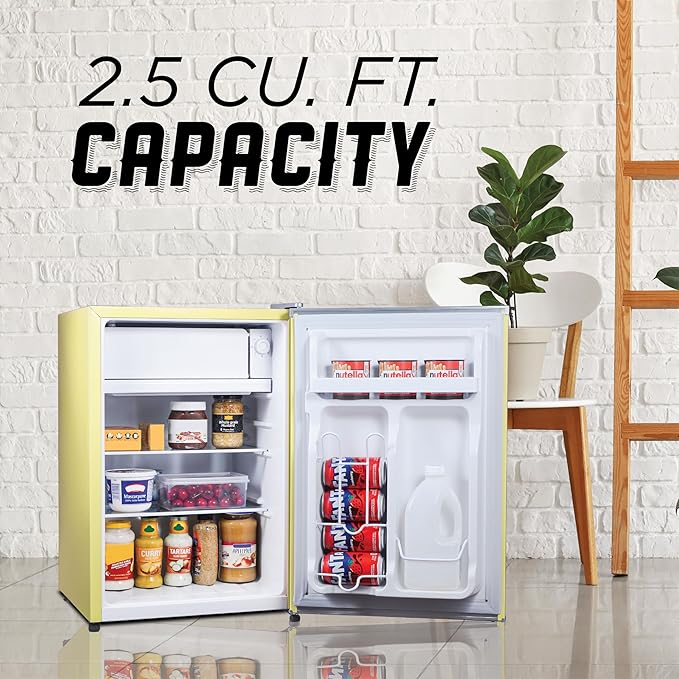ICEBOX 2.5 Cu. Ft. Compact Refrigerator, ENERGY STAR Certified Small Refrigerator, Single Door Mini Fridge with Chiller Compartment, R600a Refrigerant, IBCR25SUN, Sun Yellow