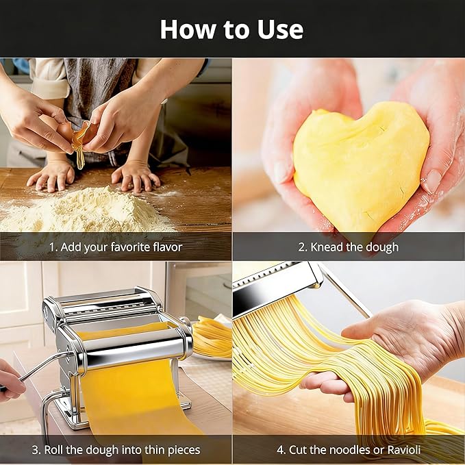 Pasta Maker, METLUCK Stainless Steel Pasta Machine Manual Roller Pasta Maker with 9 Thickness Settings for Spaghetti Linguine Fettuccine Lasagne, Includes Dough Cutter & Hand Crank
