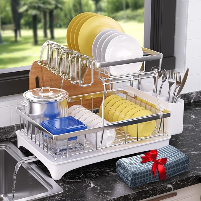 Godboat Dish Drying Rack, 2-Tier Dish Rack with Auto-Drain & Mat, 304 Stainless Steel Dish Racks for Kitchen Counter, Dish Drainer with Knife, Fork & Cup Rack, Gifts for Women, Mothers Day, Silver