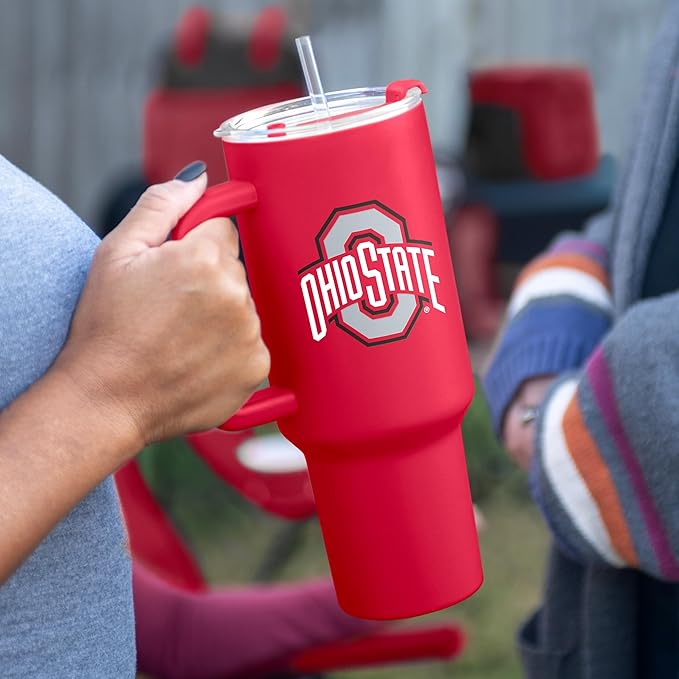 Logo Brands NCAA 40 oz Tumbler with Handle -Stainless Steel Insulated Travel Tumbler with Straw Lid – Powder Coated, Leak-Resistant, Keeps Drinks Hot/Cold – Great for Tailgating, or Everyday Use