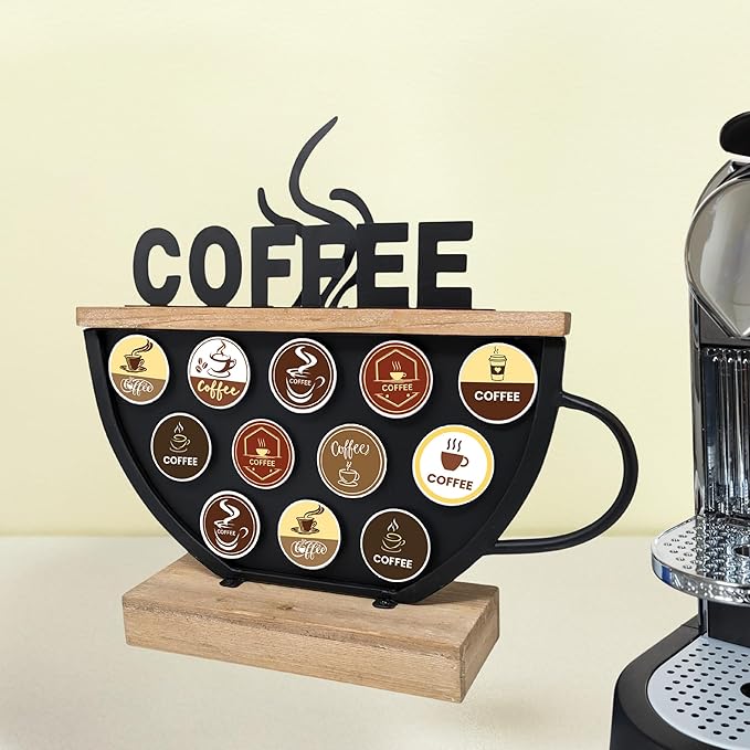 Black Coffee Pod Holder compatible with K-Cups – Metal & Wood Coffee Bar Functional Décor, Café Station Countertop Storage, Space-Saving Coffee Rack, Great Gift for Coffee Lovers, Home, Office, Café