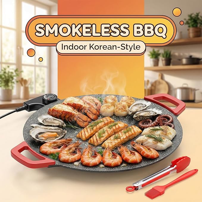 Indoor Smokeless Electric Griddle,Comales Para Tortillas Electricos, Portable Electric Korean Bbq Grill,Round Electric Griddle For Bbq, Tortillas, Steaks, Burgers, Pancakes (11 in)