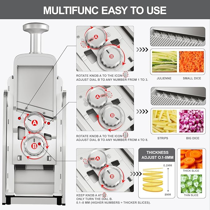 QYKIC 2026 Upgrade Safe Mandoline Slicer,Vegetable Chopper,Potato Slicer, Onion Chopper with Drain Basket Storage Container, Cheese Grater Kitchen Chopping Artifact (SliverGray)