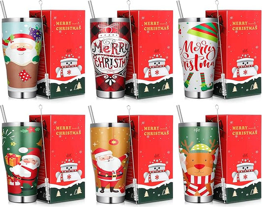 Mifoci 6 Pcs Christmas Tumblers 30oz Stainless Steel Christmas Travel Coffee Cup Double Insulated Vacuum Tumbler with Lid Straw Santa Claus Holiday Mug Gifts for Coworker Team Teacher(Classic)