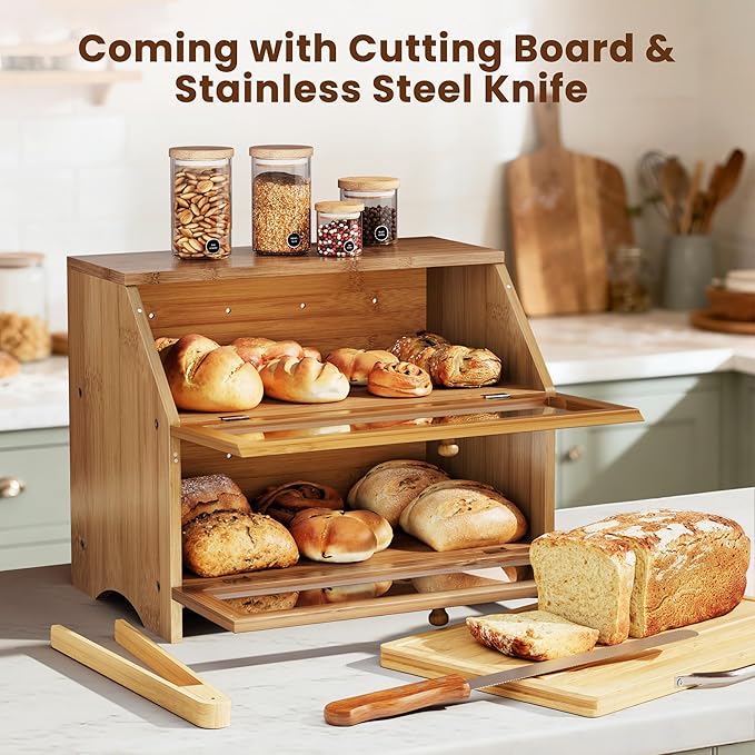 MAISONPEX Double Layer Bamboo Bread Box for Kitchen Countertop, Large Capacity, Cutting Board, Stainless Steel Bread Knife, Double Layer Storage Container with Clear Windows, Walnut