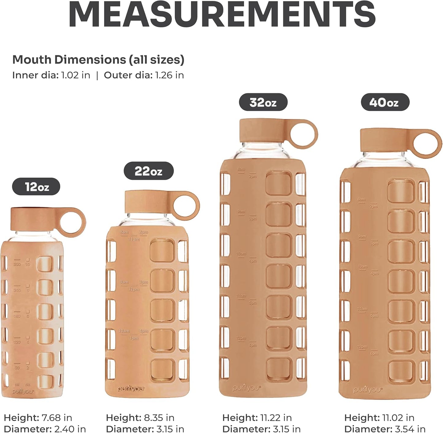 purifyou 40oz / 32oz / 22oz / 12oz Borosilicate Glass Water Bottle with Time & Volume Markers, Silicone Sleeve, Stainless Steel Lid – Reusable Glass Bottle for Water & Juice (32oz Iced Coffee)