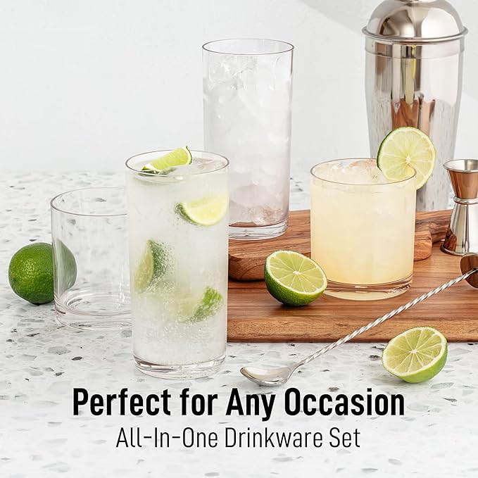 Zulay Kitchen Plastic Drinking Glasses (Set of 16) – Mixed 16oz & 12oz Acrylic Shatterproof Cups for Home, Kitchen & Outdoors – Crystal Clear Glass Look – BPA & Lead-Free – Top-Rack Dishwasher Safe